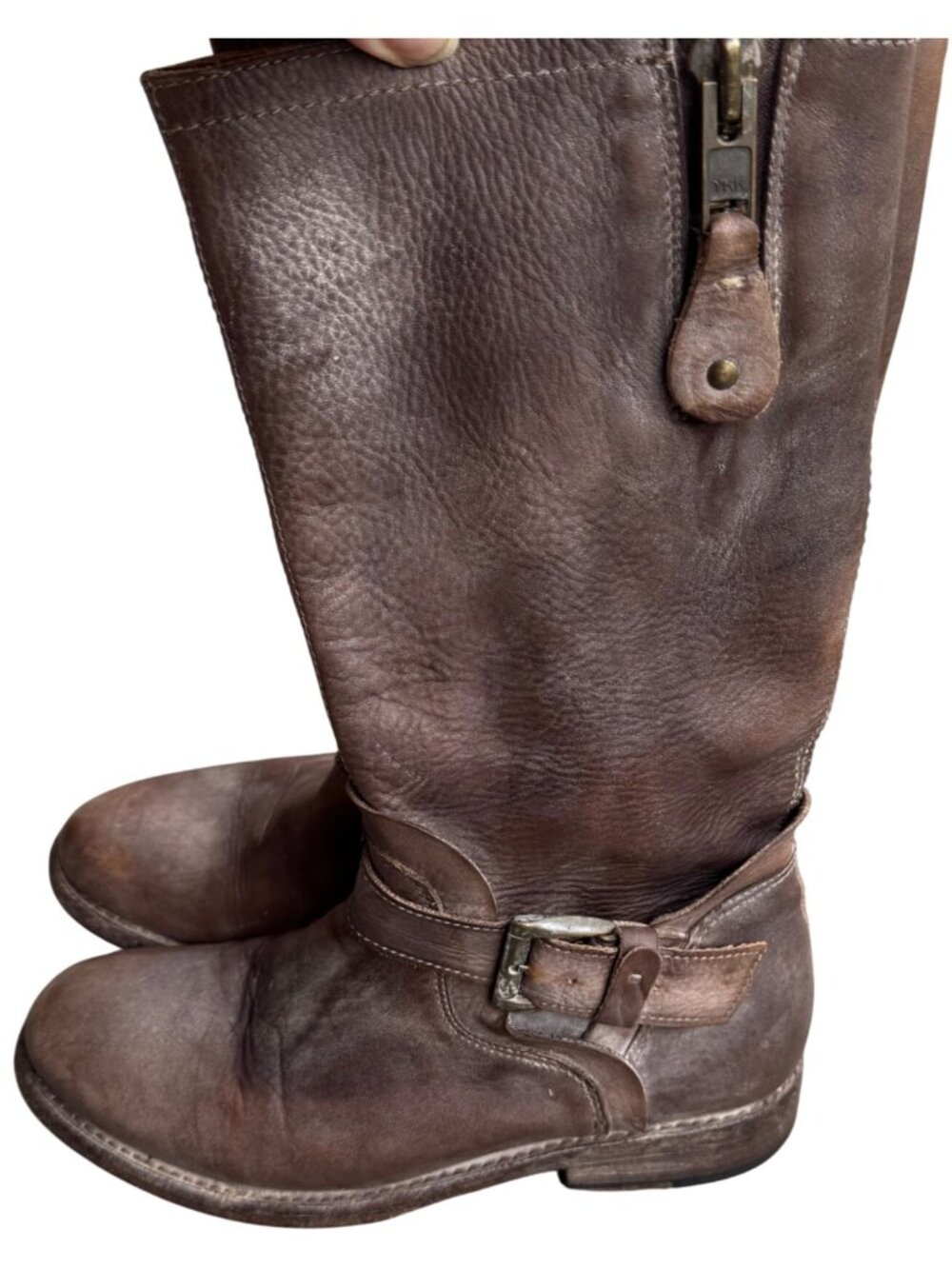 Bed Stu Women SZ 7 Motorcycle Boots Brown Leather Distressed Strap Mid Calf Zip